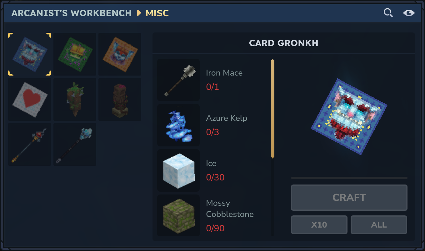 Arcanist's Workbench crafting menu with the Gronkh Card recipe selected, showing its ingredient requirements