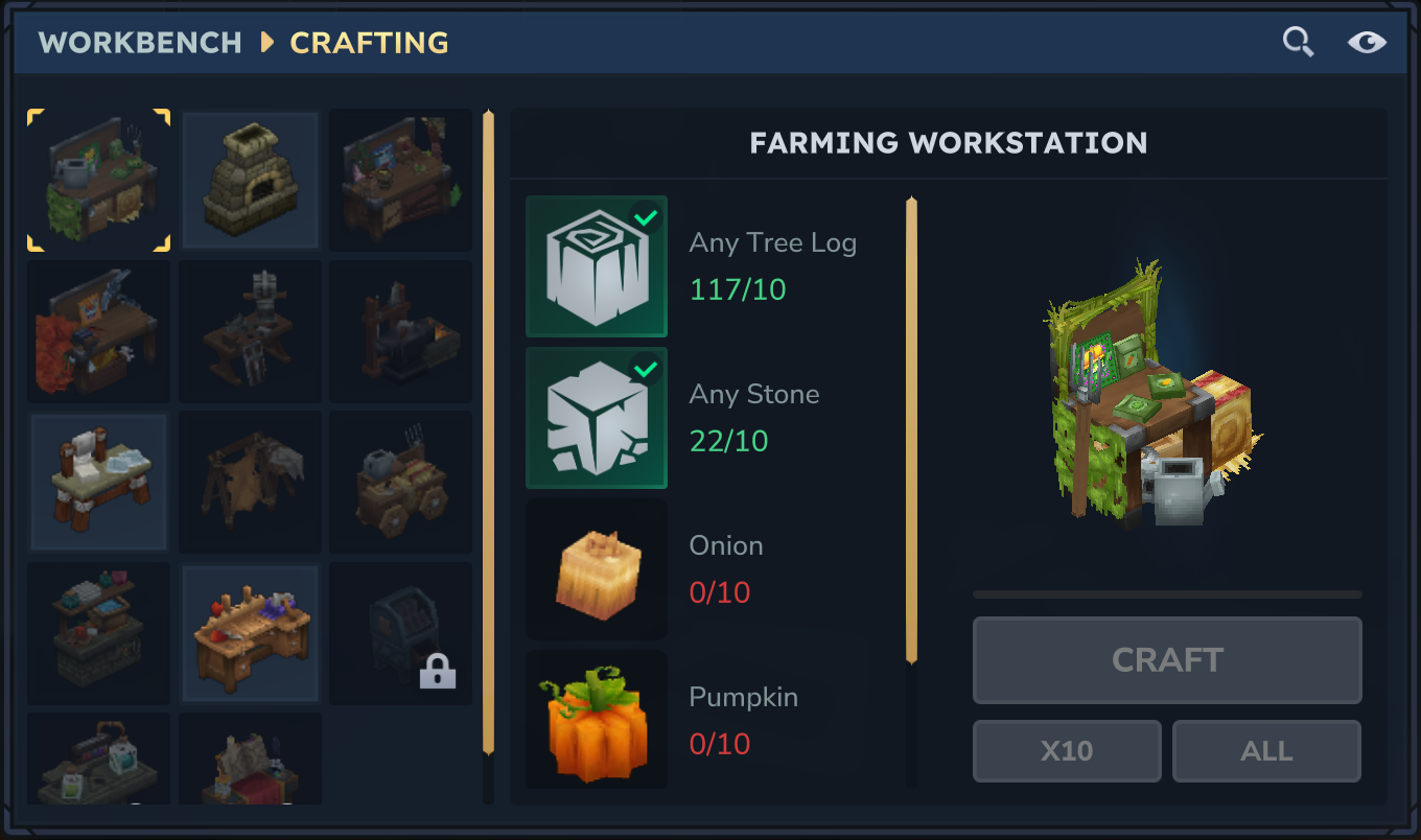 Workbench crafting menu with the Farming Workstation recipe selected, showing its ingredient requirements
