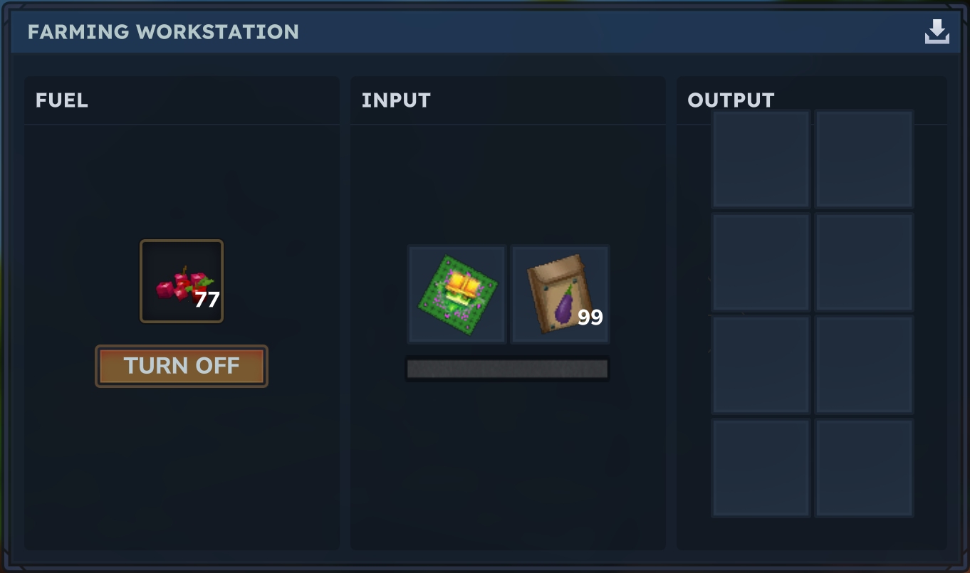 Farming Workstation's own window, showing the Fuel, Input and Output slots and the Turn Off button